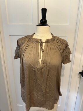 Everly Taupe Ruffle Tie-Neck Short Sleeve Blouse